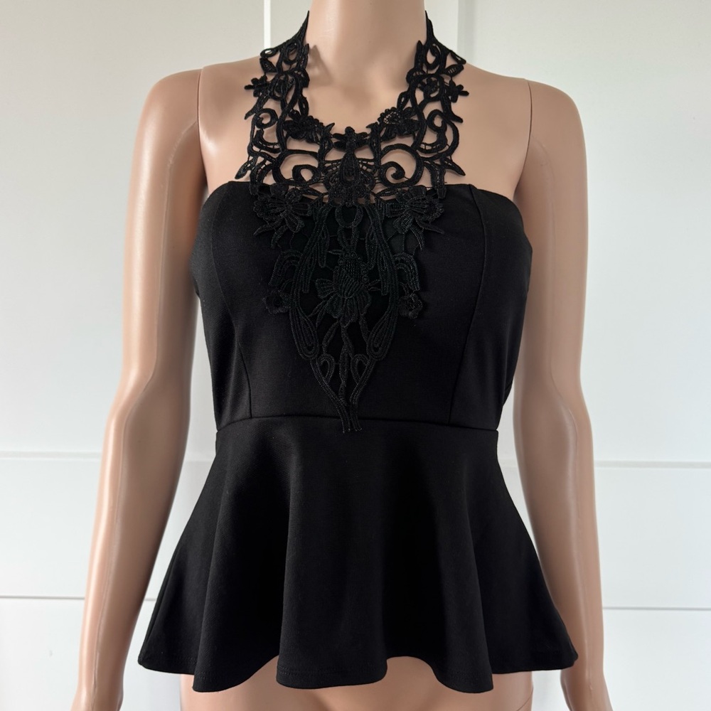 Joyce Leslie Black Lace Stretchy Peplum Halter Top Small XS